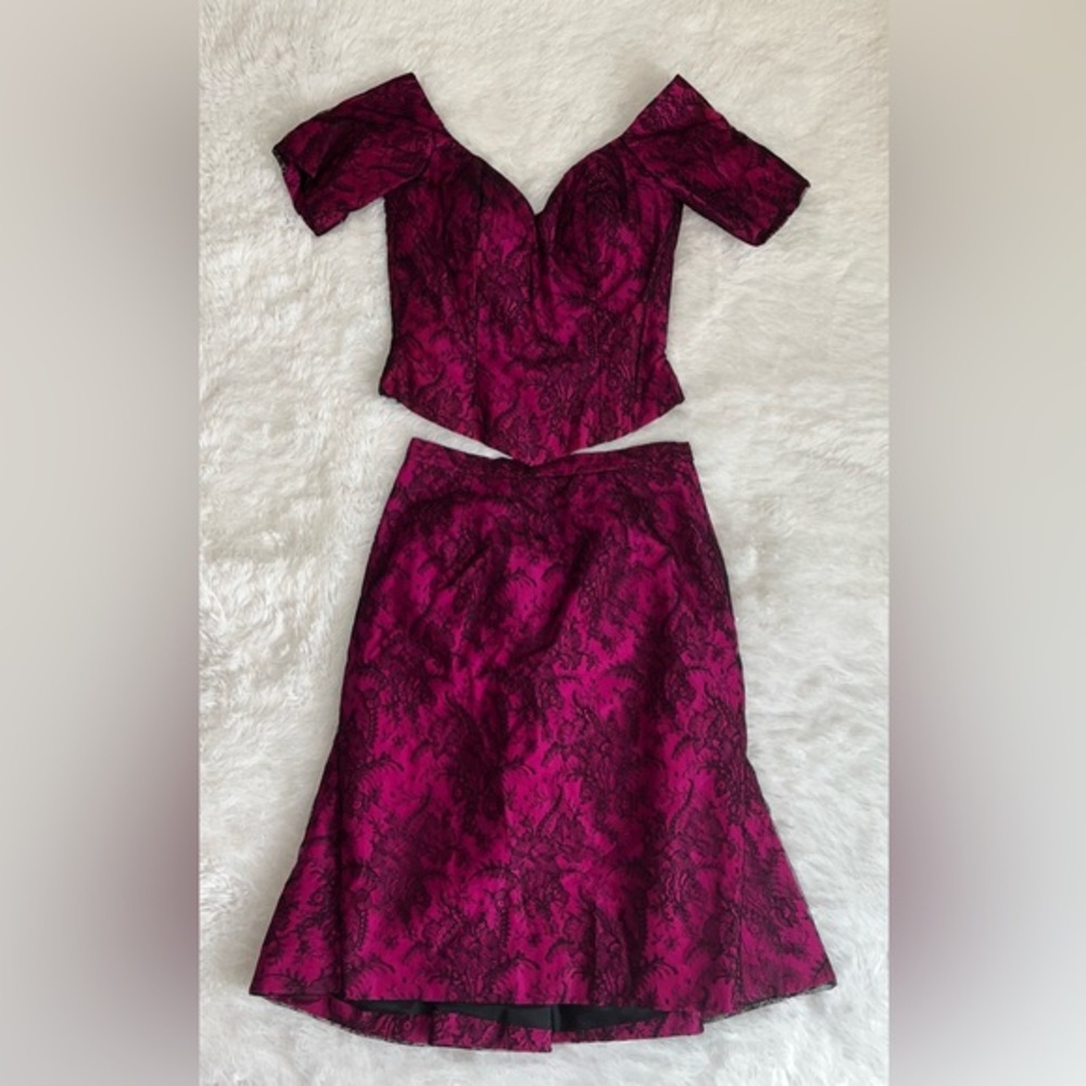 RARE VINTAGE VICKY TIEL COUTURE Off-Shoulder Pink/Black SILK Lace 2 Piece Set